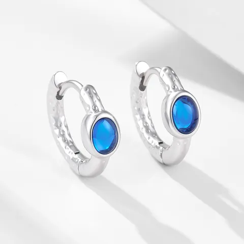 Vintage 925 Sterling Zilveren Creolen Voor Dames Blauwe Zirkonia Ingelegd Gehamerde Textuur Huggie Oorbellen Mode Sieraden