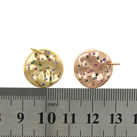 Hammered Texture Round Pendant Copper Gold Plated Colorful Zirconia Inlaid Irregular Circle For DIY Jewelry Making Accessories