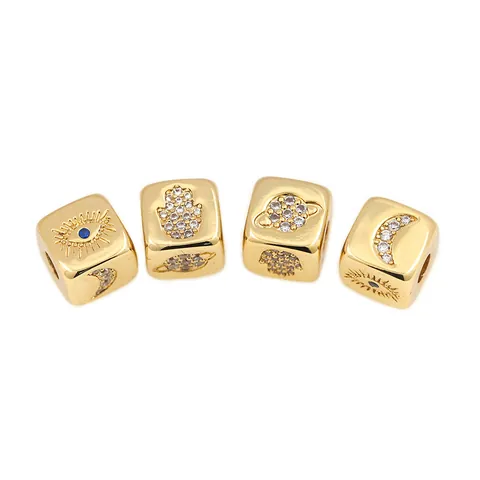 24K Gold Plated Copper Cube Spacer Beads Zircon Inlaid Hamsa Hand Evil Eye Moon Planet For DIY Jewelry Making Findings