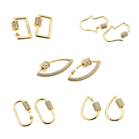18K Gold Plated Brass Zirconia Carabiner Clasp Screw Lock Square Hamsa Oval Waterdrop Lip Shaped DIY Jewelry Findings Accessories