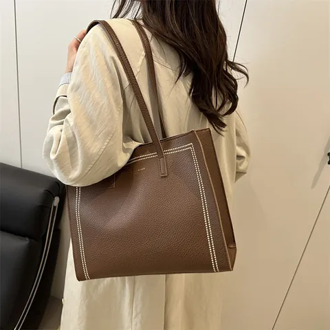 Large Capacity Women Tote Bag Lychee Texture PU Leather Vintage Shoulder Bag With White Stitching For Commuting Fashion Bags