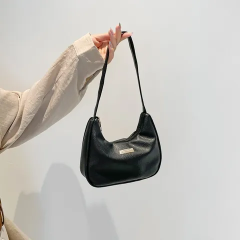 Women Minimalist Pebbled PU Leather Hobo Underarm Bag Solid Color Shoulder Bag With Metal Nameplate Large Capacity Purse