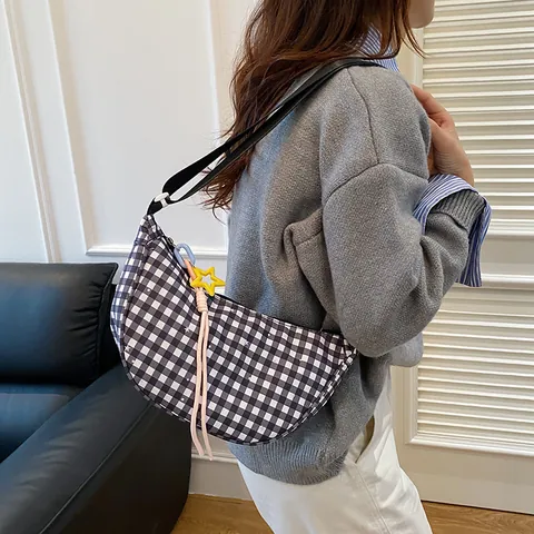 Damen Kariert Halbmond Umhängetasche Nylon Sternenmuster Gingham Hobo Schultertasche Für Reise Casual Täglich Mode Handtasche
