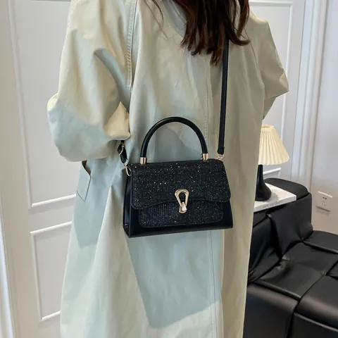 Borsa a Mano da Donna Elegante in Pelle PU Con Patta in Paillettes Serratura a Ferro di Cavallo Oro Borsa a Tracolla Quadrata Piccola Moda