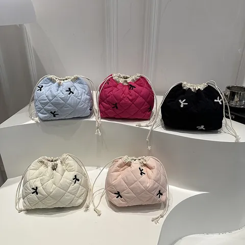 Quilted Drawstring Cosmetic Bag Embroidered Bow Makeup Organizer Portable Travel Storage Pouch For Women Daily Accessory