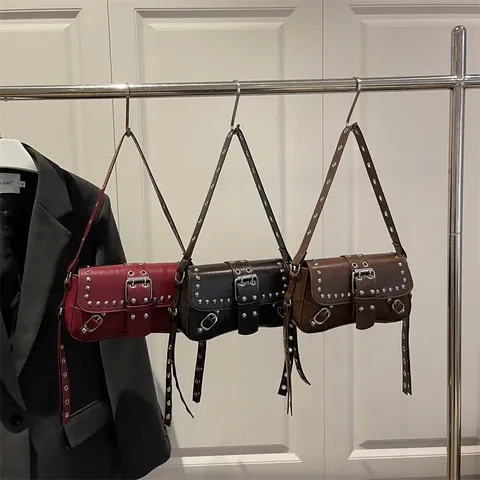 Women Underarm Bag PU Leather With Metal Rivets And Grommets Adjustable Strap Punk Vintage Y2K Shoulder Bag