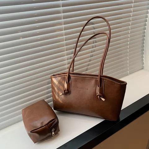 Women's Large Capacity Tote Bag PU Leather Vintage Commute Shoulder Bag Minimalist Design Handbag With Inner Pouch For Daily Use