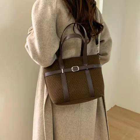 Sac Fourre-Tout Vintage en PU et Laine pour Femme Décor de Boucle de Ceinture Rétro Grande Capacité Bandoulière Minimaliste Sac à Main