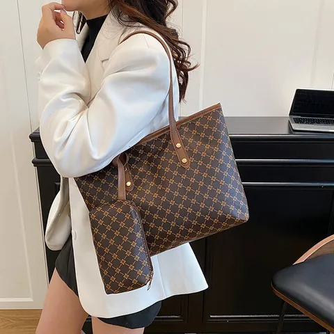 Große Kapazität PU-Leder Geometrische Monogramm Tragetasche Und Passende Beutel Vintage Urban Einfache Pendler Schultertasche Damen