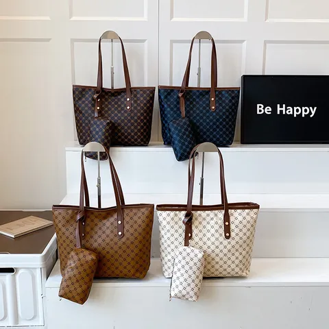 Große Kapazität PU-Leder Geometrische Monogramm Tragetasche Und Passende Beutel Vintage Urban Einfache Pendler Schultertasche Damen