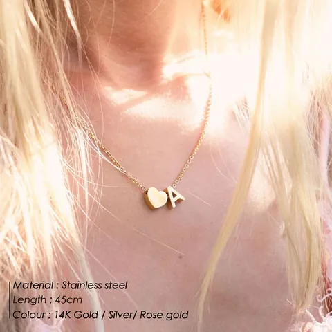 316L Stainless Steel Heart Initial Letter Pendant Necklace For Women 14K Gold Plated Personalized Name Choker Jewelry
