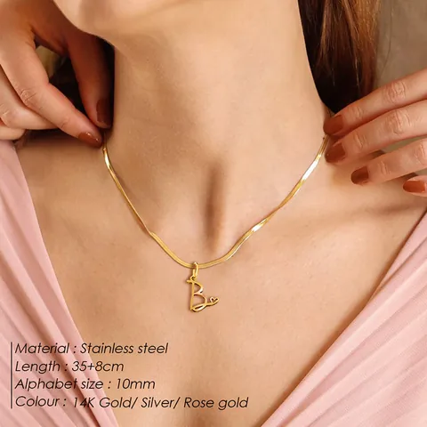 Stainless Steel Alphabet Heart Pendant Necklace Cursive Script Initial Snake Chain Personalized Jewelry For Women Everyday Wear