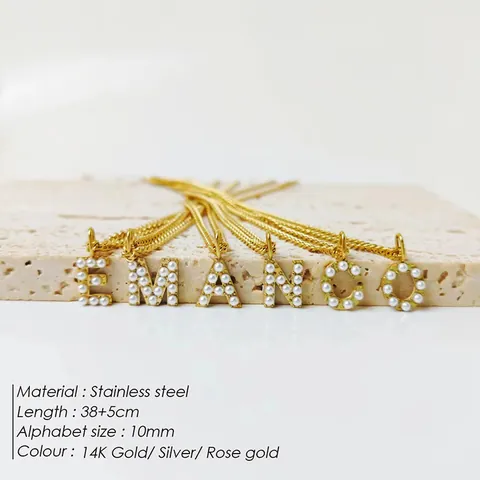 Edelstahl Alphabet Anhänger Halskette Mit Imitationsperle 14K Gold Silber Plattiert 26 Anfangsbuchstaben Halsketten Damen Mode Schmuck