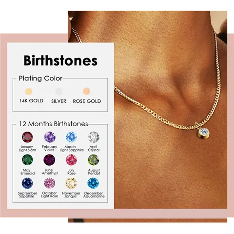 316 Stainless Steel Birthstone Necklace For Women Round Rhinestone Bezel Pendant Curb Chain Fashion Jewelry Birthday Gift
