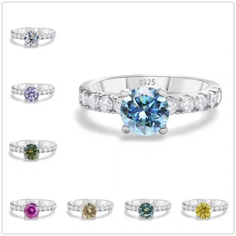 Luxury 925 Sterling Silver Round Moissanite Ring Brilliant Zirconia Side Stones Four Prong Wedding Engagement Jewelry For Women