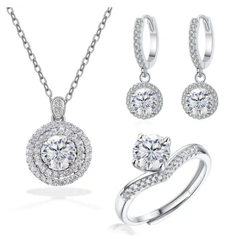 925 Sterling Silber Moissanit Rund Halo Halskette Ohrringe Und Verstellbarer Ring Platin Überzogener Schmuck Für Damen