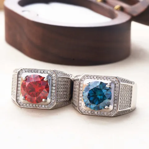 Luxury 5 Carat Moissanite Ring 925 Sterling Silver Royal Blue Red Round Stone Square Halo Rhinestone Inlaid Hip Hop Jewelry Men