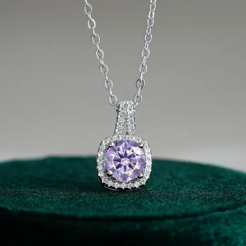 S925 Sterling Silver Square Halo Moissanite Pendant Necklace Round Cut Brilliant Zirconia Jewelry For Women Anniversary Gift