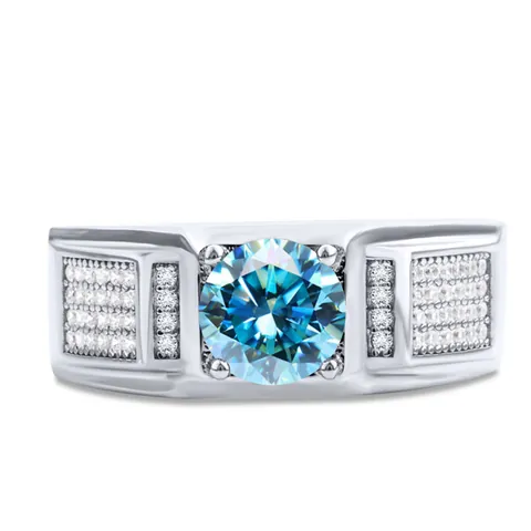 Luxury 925 Sterling Silver Moissanite Ring For Men Platinum Plated Round Cut Wide Band Business Wedding Jewelry Band