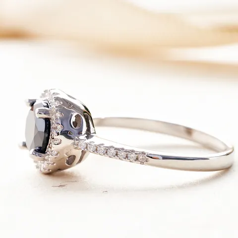 Bague Halo en Argent Sterling 925 avec Moissanite Noire Taille Ronde pour Femme Luxueuse Bande Pavé Fiançailles Mariage Bijoux