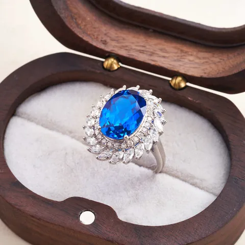 Königsblau Oval Cluster Ring 925 Sterlingsilber 18 Karat Weißgold Vergoldet Luxus Zirkonia Blumenring Für Damen Hochzeit