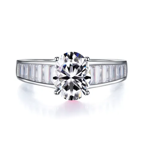 Anillo de Moissanita de Color de 2 Quilates Corte Ovalado Plata de Ley 925 Lujo Baguette Piedras Laterales Joyería Mujer