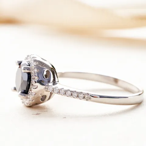 925 Sterling Silver Round Cut Black Moissanite Halo Ring For Women Luxurious Pavé Band Engagement Wedding Fine Jewelry
