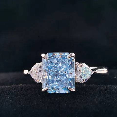 925 Sterling Silver Radiant Cut Sky Blue High Carbon Diamond Ring With Pear Side Stones For Women Luxury Wedding Jewelry