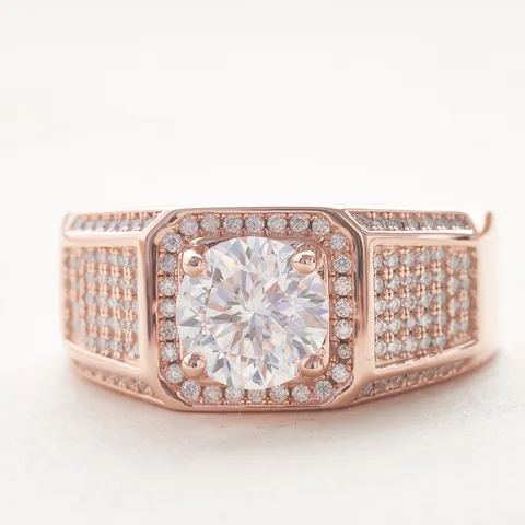 Bague Homme en Argent Sterling 925 Moissanite Coupe Brillante Plaquée Or Rose Bijoux Hip Hop pour Petit Ami