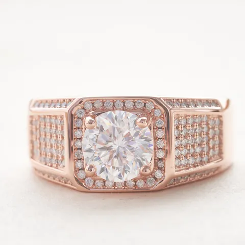 Luxury 925 Sterling Silver Men Moissanite Ring Brilliant Round Cut Stone Band Rose Gold Plated Hip Hop Jewelry For Boyfriend
