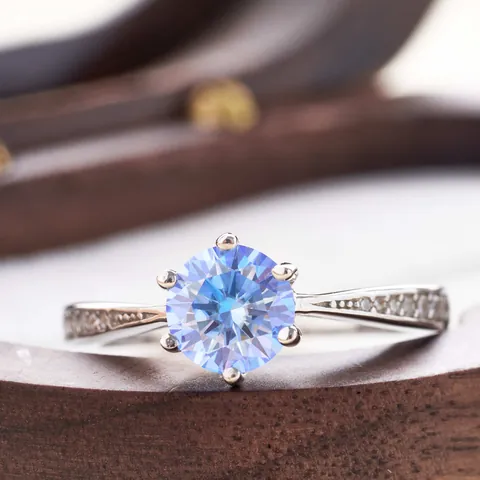 925 Sterling Silver Royal Blue Round Moissanite Ring For Women Six Prong Setting Luxury Engagement Ring With GRA Certificate