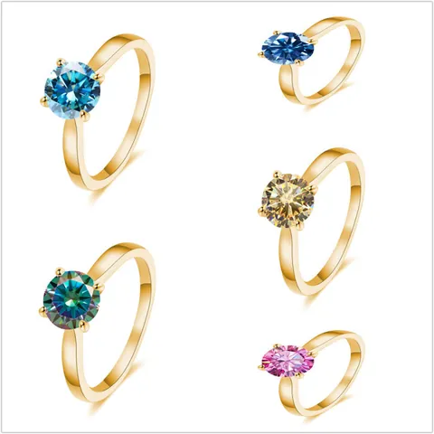 Gold Plated 925 Sterling Silver Moissanite Ring Round Brilliant Cut 4-Claw Solitaire Engagement Wedding Jewelry For Women