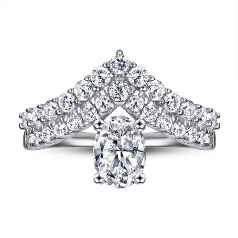 Bague en Argent Sterling 925 avec Moissanite 1 Carat pour Femme Taille Ovale Goutte d'Eau Forme en V Double Rangée Couronne Bijoux de Fiançailles Mariage