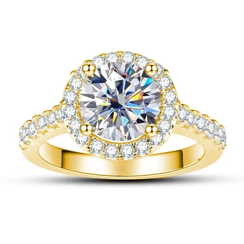 Anillo Moissanita 1ct Color D Plata de Ley 925 Chapado en Oro Redondo Halo Engaste Anillo de Compromiso Certificado GRA Joyería Mujer Regalo