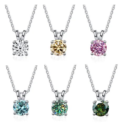 Classic S925 Sterling Silver Round Moissanite Pendant Necklace With 1 Carat Color Stone Simple 4 Prong Solitaire Jewelry For Women Wedding Gift