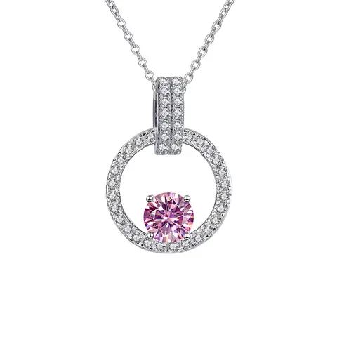 925 Sterling Silver Moissanite Pendant Necklace 1ct Round Cut Pink Green Blue Yellow Moissanite Halo Clavicle Chain Necklace For Women Jewelry