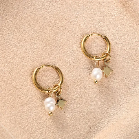 Orecchini a Cerchio in Acciaio Inossidabile 316L Placcato Oro PVD Perla d'Acqua Dolce Stella a Otto Punte Gioielli Donna