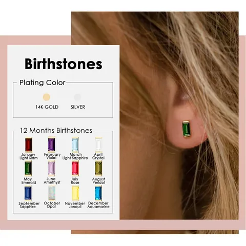 Boucles d'oreilles puces en zircone rectangulaire tige en acier inoxydable 316L bijoux pierre de naissance pour femmes