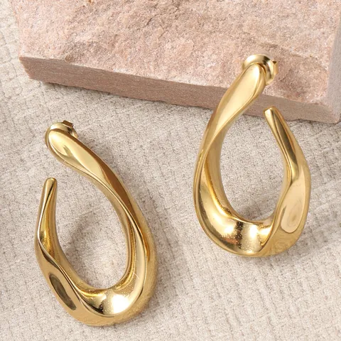 Orecchini a Bottone Irregolari in Acciaio Inossidabile 316L Con Perno in Oro 14K Placcato PVD Metallo Fluido a Forma di U Gioielli Moda Donna