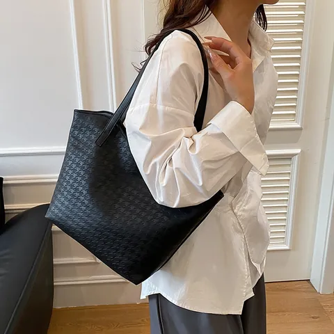 Bolso Tote de Cuero PU con Relieve de Pata de Gallo Gran Capacidad Bolso de Hombro Mujer Casual Conmutador Color Sólido