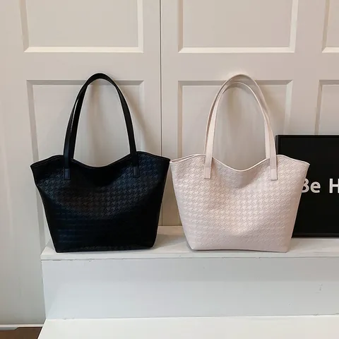 Bolso Tote de Cuero PU con Relieve de Pata de Gallo Gran Capacidad Bolso de Hombro Mujer Casual Conmutador Color Sólido