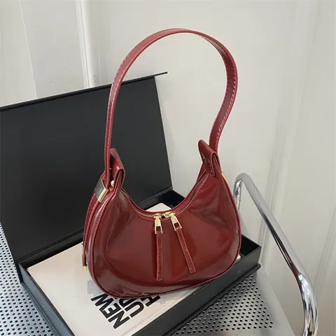 Damen Lackleder Unterarm Hobo Tasche Minimalistische Glänzende Halbmond Schultertasche Mit Goldreißverschlüssen