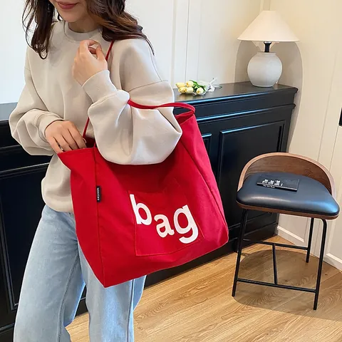 Dames Canvas Tote Tas Grote Capaciteit Eenvoudige Letterprint Dagelijkse Casual Schoudertas Veelzijdige Zachte Canvas Handtas
