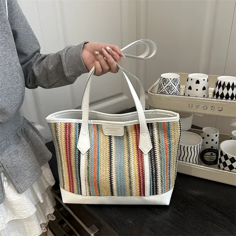 Große Gewebte Stroh Tragetasche Für Damen 2025 Sommer Mode Gestreift Spleißen PU Leder Griff Reise Strand Handtasche