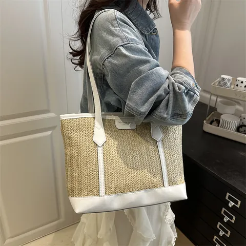 Große Gewebte Stroh Tragetasche Für Damen 2025 Sommer Mode Gestreift Spleißen PU Leder Griff Reise Strand Handtasche