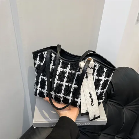 Damen Tweed Plaid Tragetasche Elegant Französischer Stil Kariert Achseltasche Mit Satinband Dekor PU Leder Griff Handtasche