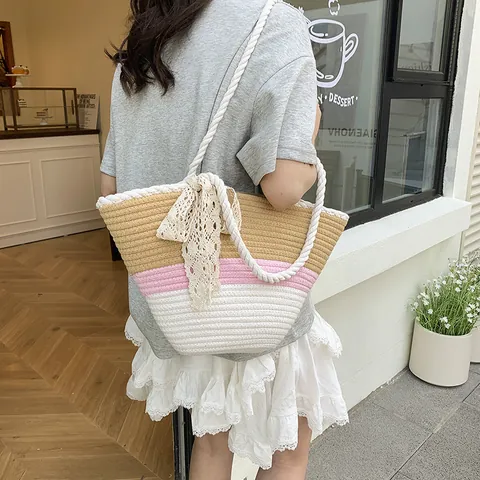 Bolso Tote Tejido de Empalme de Color de Contraste para Mujer Con Lazo de Encaje Gran Capacidad Asa de Cuerda de Algodón Bolso de Hombro de Playa de Verano