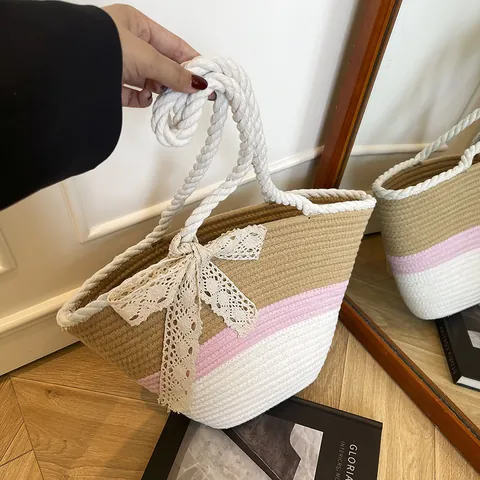 Bolso Tote Tejido de Empalme de Color de Contraste para Mujer Con Lazo de Encaje Gran Capacidad Asa de Cuerda de Algodón Bolso de Hombro de Playa de Verano