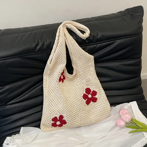 Damen Strick Häkel Blumen Tote Bag Durchbrochene Mesh Schultertasche Große Kapazität Sommer Strandhandtasche Lässige Shopping Bag