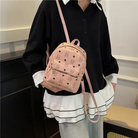 Damen Koreanische Mode PU Leder Mini Rucksack Bär Raute Druck Große Kapazität Lässig Reisen Student Tasche Umhängetasche